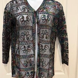 Celsa Embroidered Sheer Jacket Duster. NWOT, size Medium